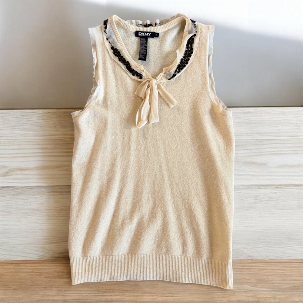 DKNY Cream Wool Sleeveless Tank with Beaded Trim